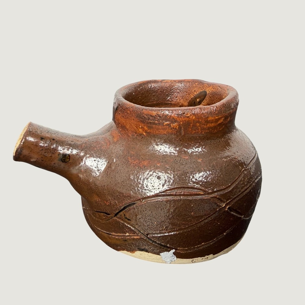 Studio Pottery Handcrafted Brown Glazed Spouted Vessel Signed GL Rustic Decor